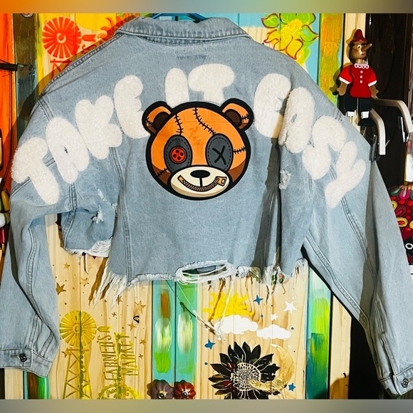 Trio Urban Jackets & Blazers - Trio Urban Light Wash Denim Jacket with Orange Bear🐻